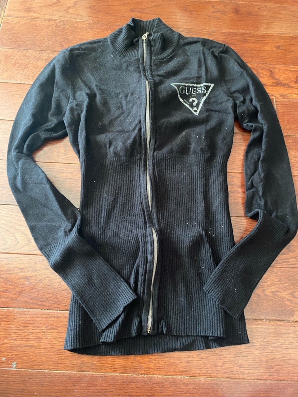 Guess Black Ribbed Zip-Front Knit Jacket with Logo